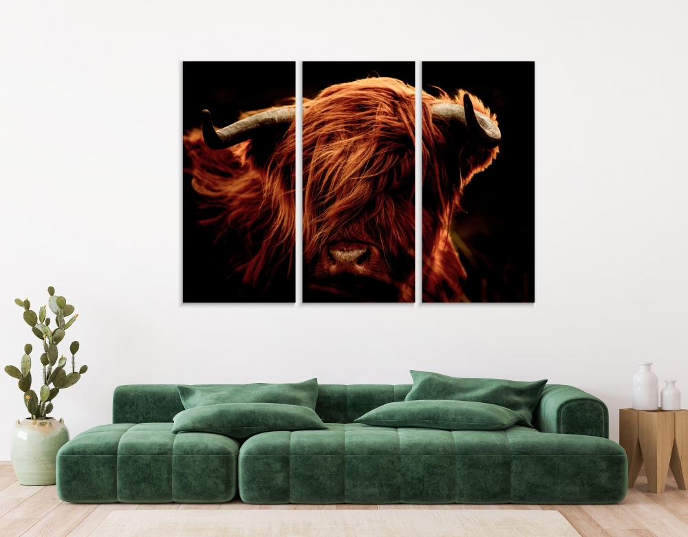 

Картина на холсте Модульные Модульная картина Highland cow 3 картины 45х90 см.