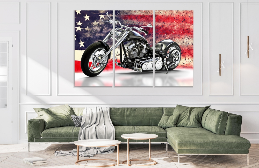 

Картина на холсте Модульные Модульная картина Black Motorcycle With American Flag 3 картины 60х120 см.