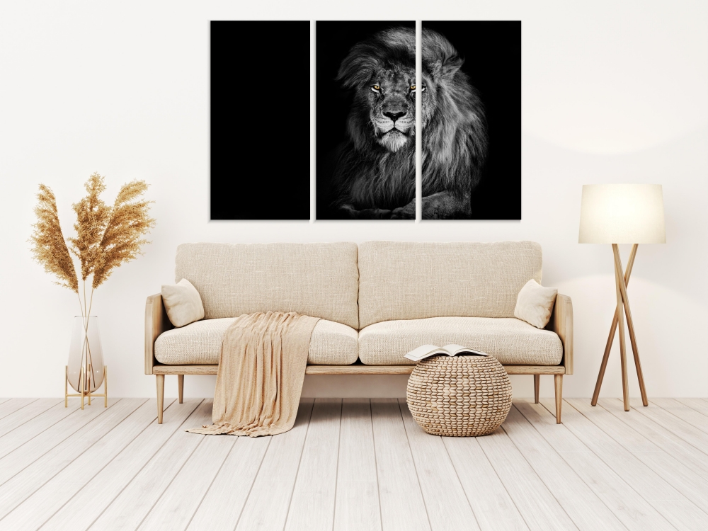 

Картина на холсте Модульные Модульная картина Король лев, портрет животного дикой природы 3 картины 45х90 см.