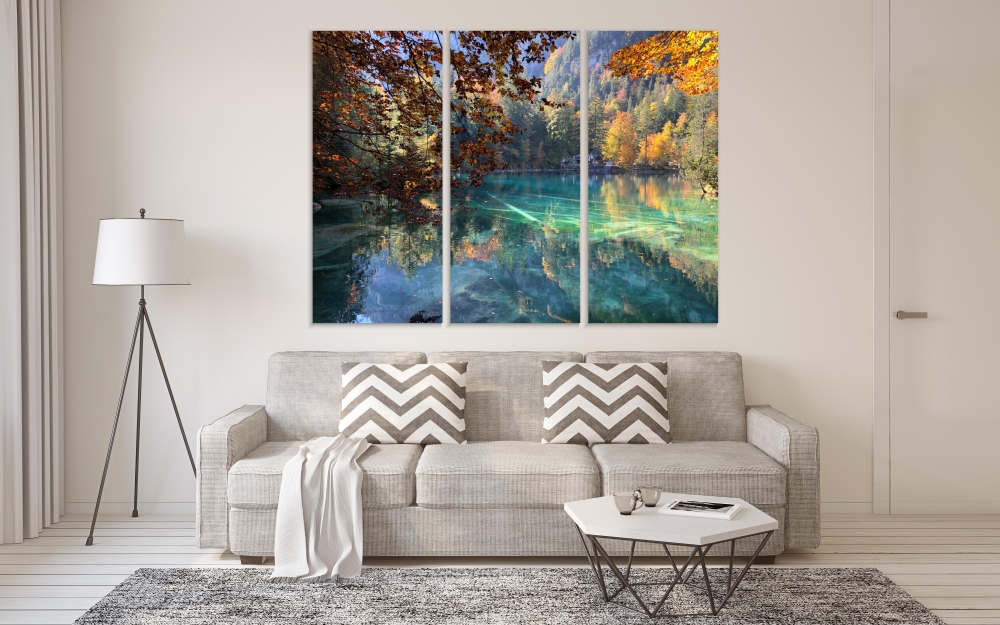 

Картина на холсте Модульные Модульная картина Живописный вид на Блаузее, небольшое озеро в Кандерштеге, кантон Берн, регион Юнгфрау, Швейцария 3 картины 45х90 см.