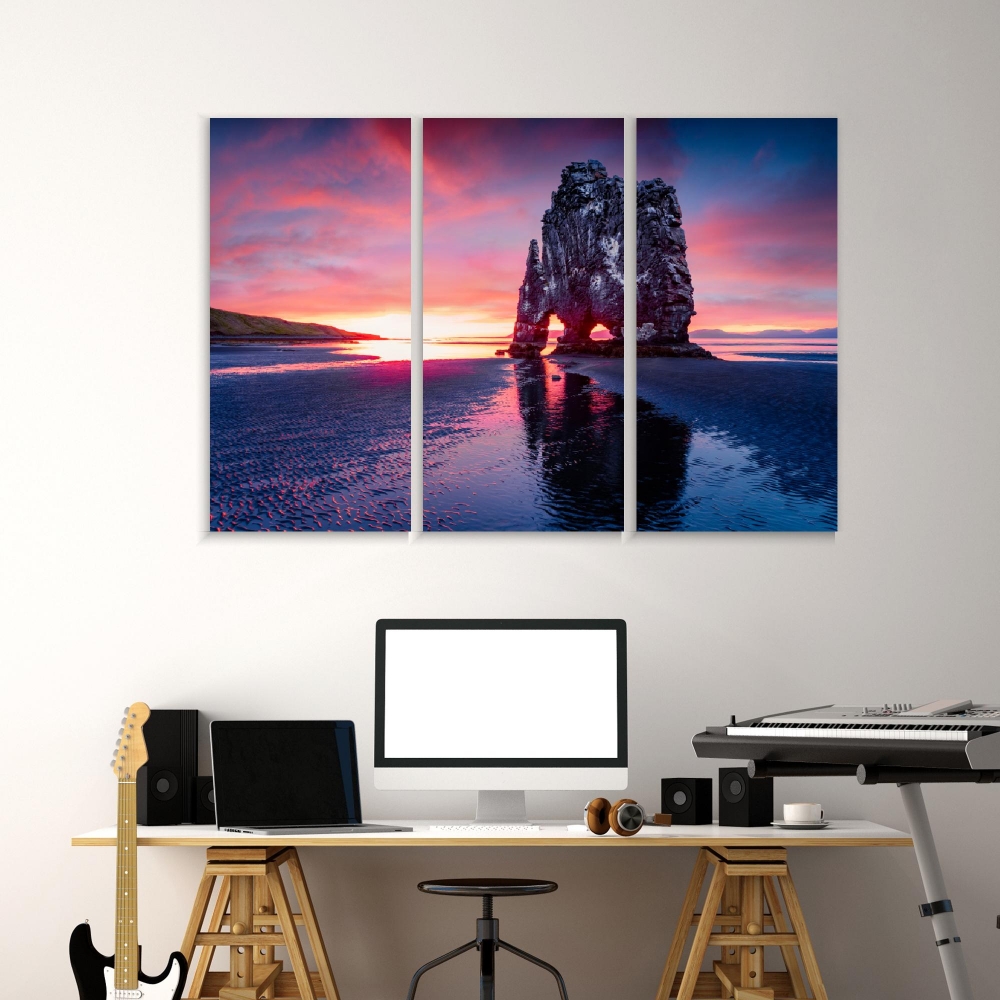 

Картина на холсте Модульные Модульная картина Огромный базальтовый стек Хвицеркур на восточном берегу полуострова Ватнес. 3 картины 70х140 см.