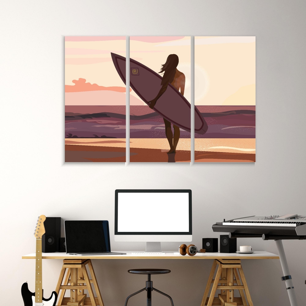 

Картина на холсте Модульные Модульная картина Girl With A Surfboard At Sunset 3 картины 25х50 см.