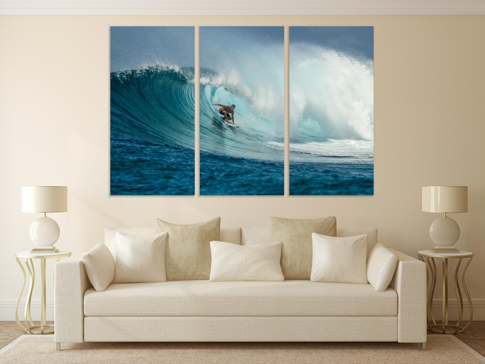 

Картина на холсте Модульные Модульная картина Surfer On Perfect Blue Wave 3 картины 25х50 см.