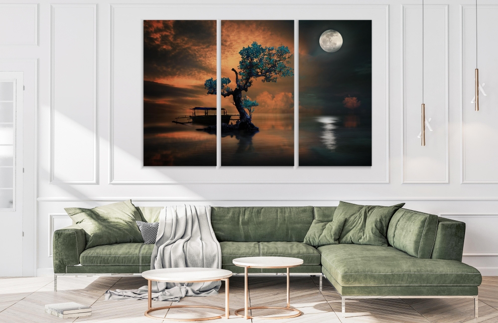 

Картина на холсте Модульные Модульная картина дерево под лунным светом 3 картины 60х120 см.