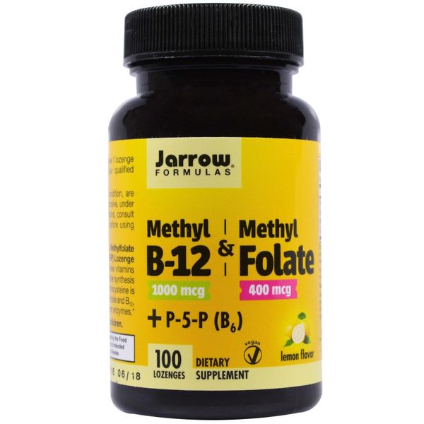 

Витамин В9 Метилфолат и метил B-12 Methyl B-12 & Methyl Folate Jarrow Formulas лимон 1000 мкг / 400 мкг 100 леденцов (JF043)