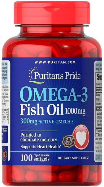 

Омега-3 рыбий жир Omega-3 Fish Oil Puritan's Pride 1000 мг 300 мг активного 100 капсул (PP233)