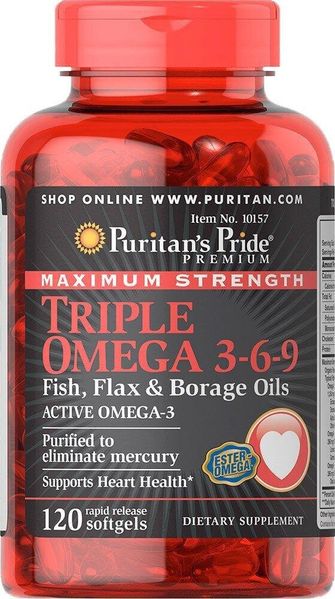 

Комплекс Maximum Strength Triple Omega 3 6 9 Fish, Flax & Borage Oils Puritan's Pride масло льна и бораго 120 капсул (PP229)