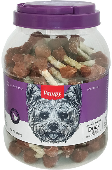 

Ласощі для собак Wanpy Duck Jerky Dumbbells Гантель з в'яленою качкою, банка 1.2 кг