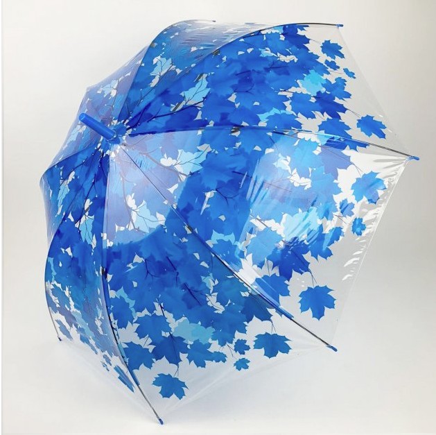 

Прозрачный зонт-трость c куполом грибком и кленовыми листьями Mario umbrellas, синий