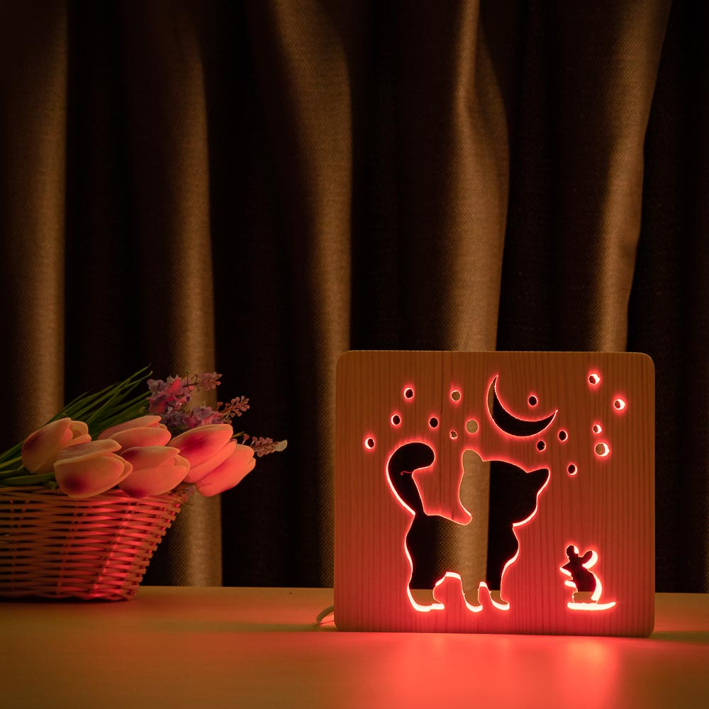 

Светильник ночник ArtEco Light из дерева LED "Кот и мышка под луной" с пультом и регулировкой цвета, RGB