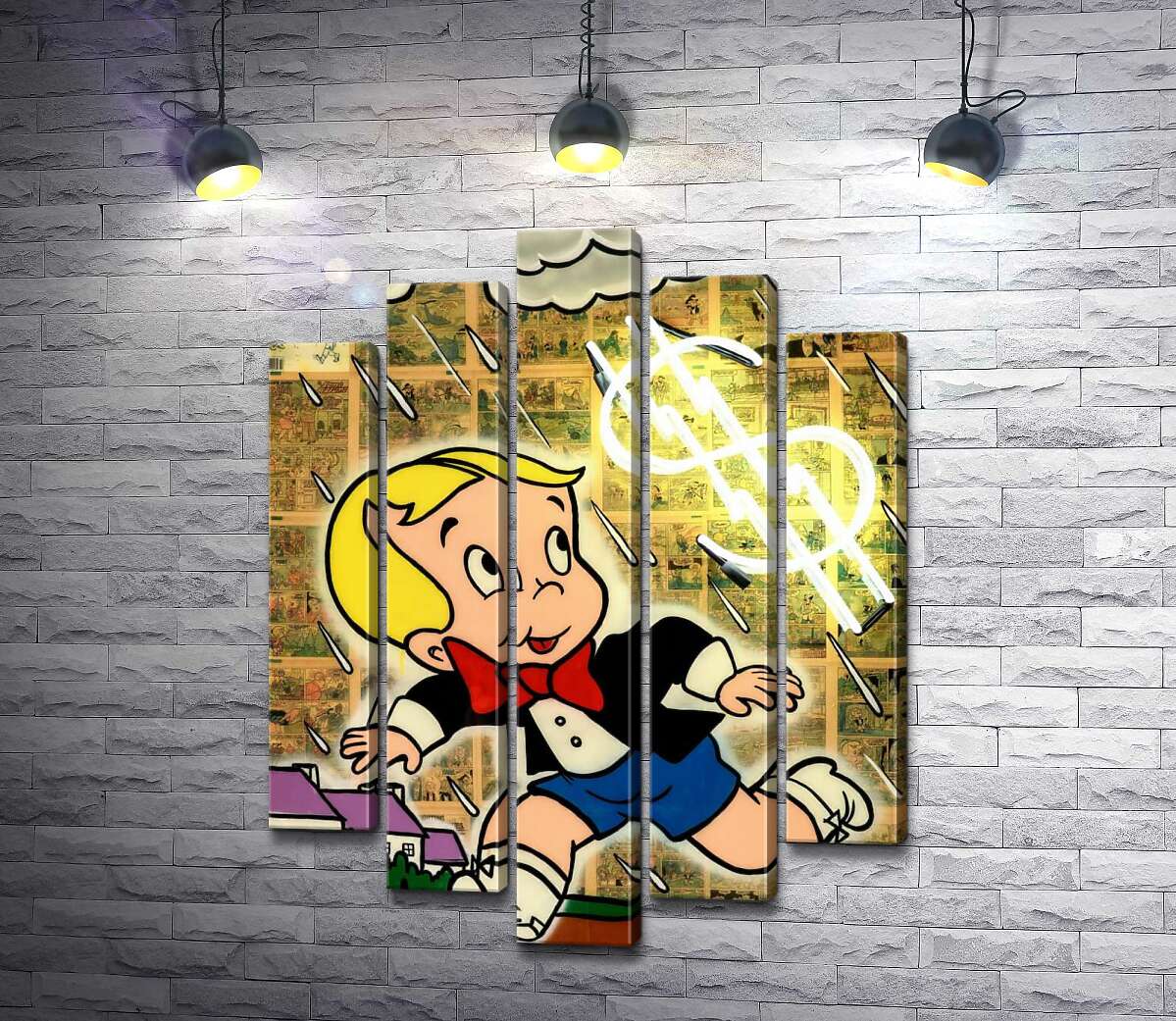 

Модульная картина ArtPoster Богатенький Ричи бежит от дождя (Richie Rich run away from rain) - Алек Монополи (Alec Monopoly) 130x175 см Модуль №26