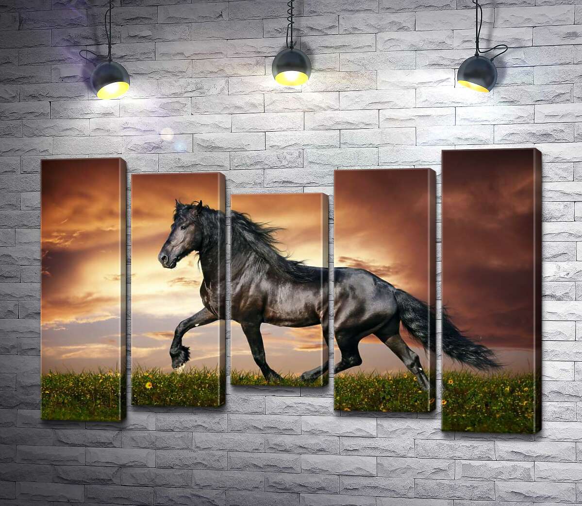 

Модульная картина ArtPoster Вороной конь скачет по зеленой траве на фоне грозовых облаков 100x66 см Модуль №28