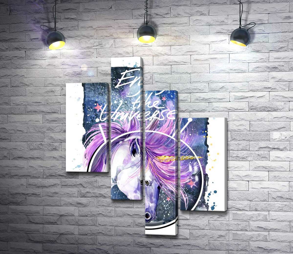 

Модульная картина ArtPoster Белый единорог в шлеме среди космоса с надписью "Enjoy the Universe" 100x129 см Модуль №20