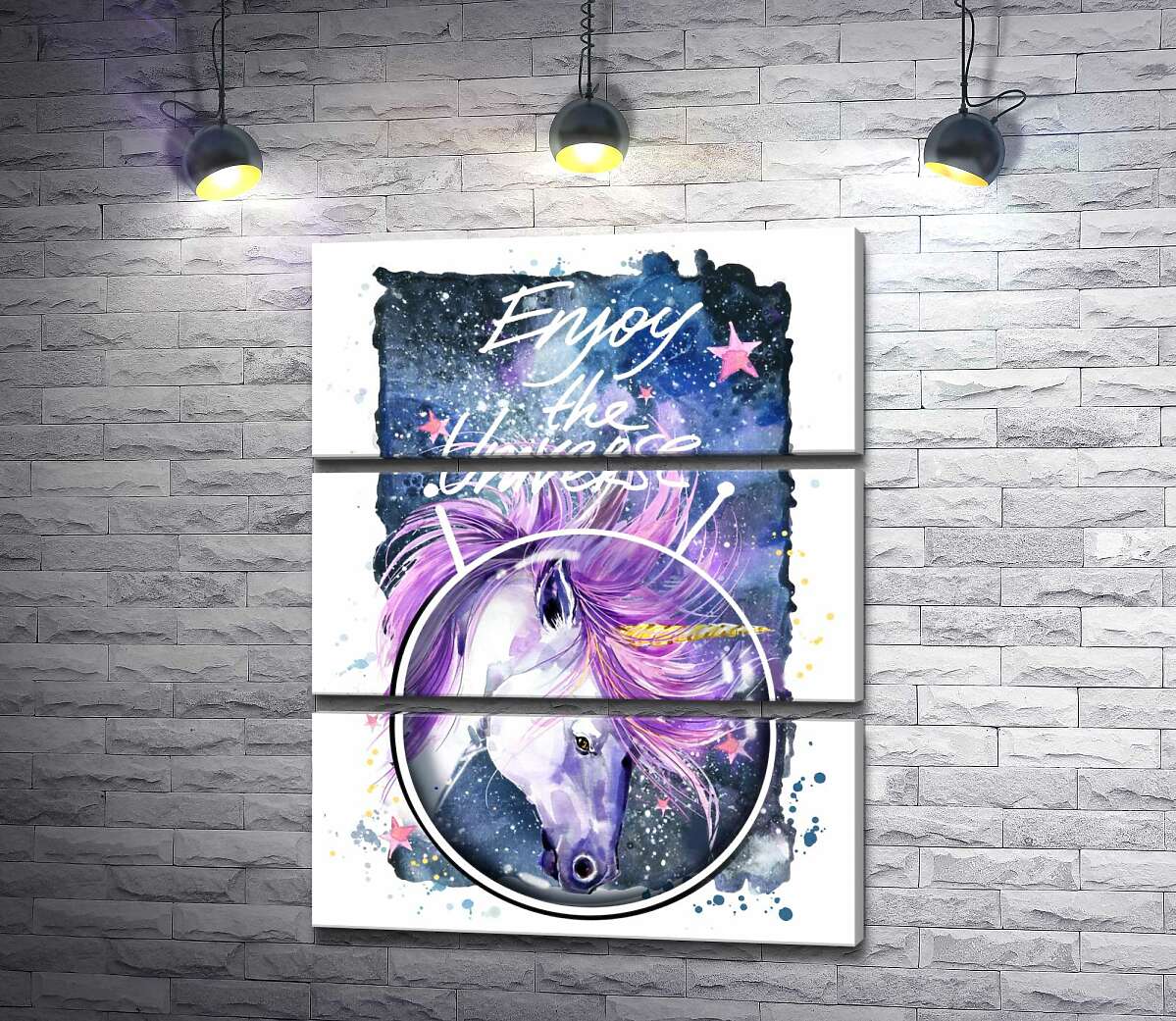 

Модульная картина ArtPoster Белый единорог в шлеме среди космоса с надписью "Enjoy the Universe" 130x168 см Модуль №13