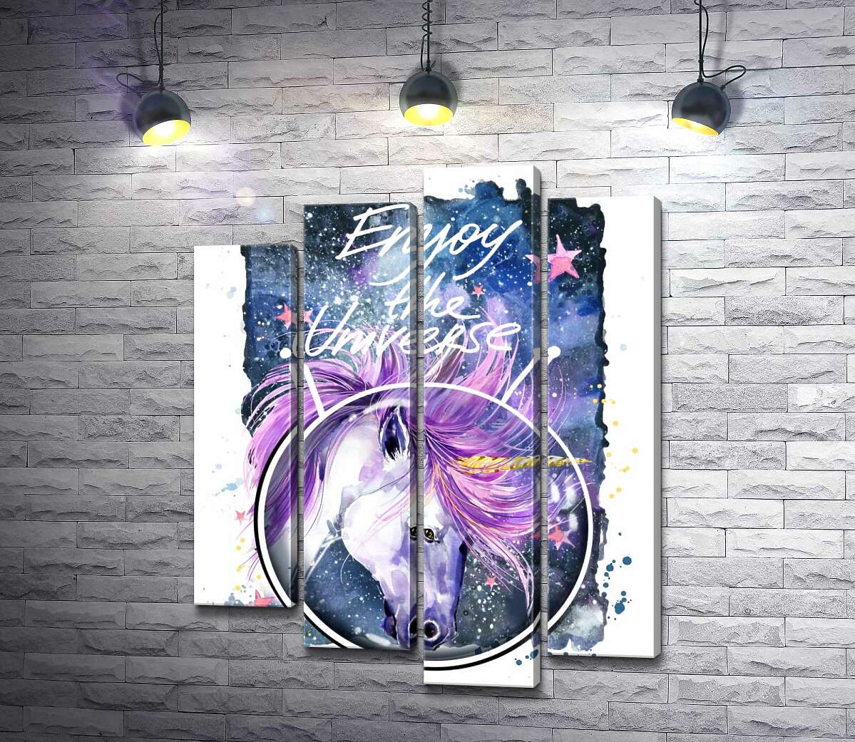 

Модульная картина ArtPoster Белый единорог в шлеме среди космоса с надписью "Enjoy the Universe" 132x168 см Модуль №21