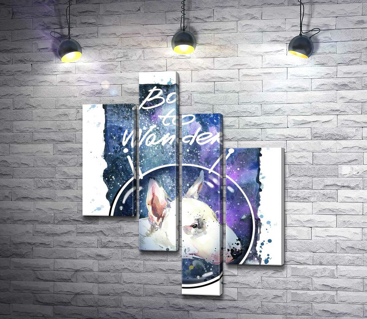 

Модульная картина ArtPoster Белый бультерьер в шлеме космонавта под надписью "born to wander" 130x167 см Модуль №20