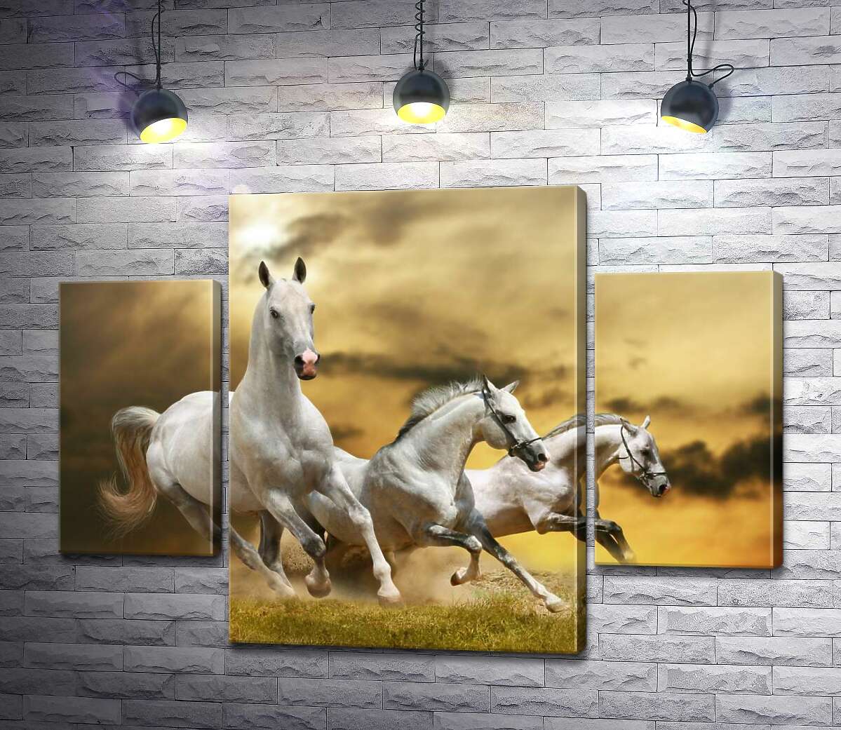 

Модульная картина ArtPoster Быстрый галоп трех белых коней 100x73 см Модуль №7
