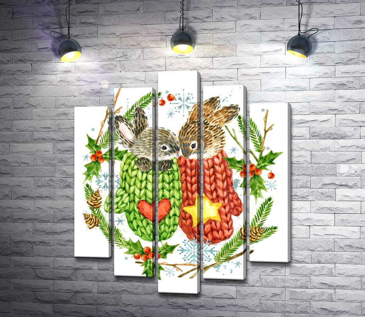 

Модульная картина ArtPoster Венок из елки и остролиста окружил зайцев в вязаных свитерах 130x160 см Модуль №26