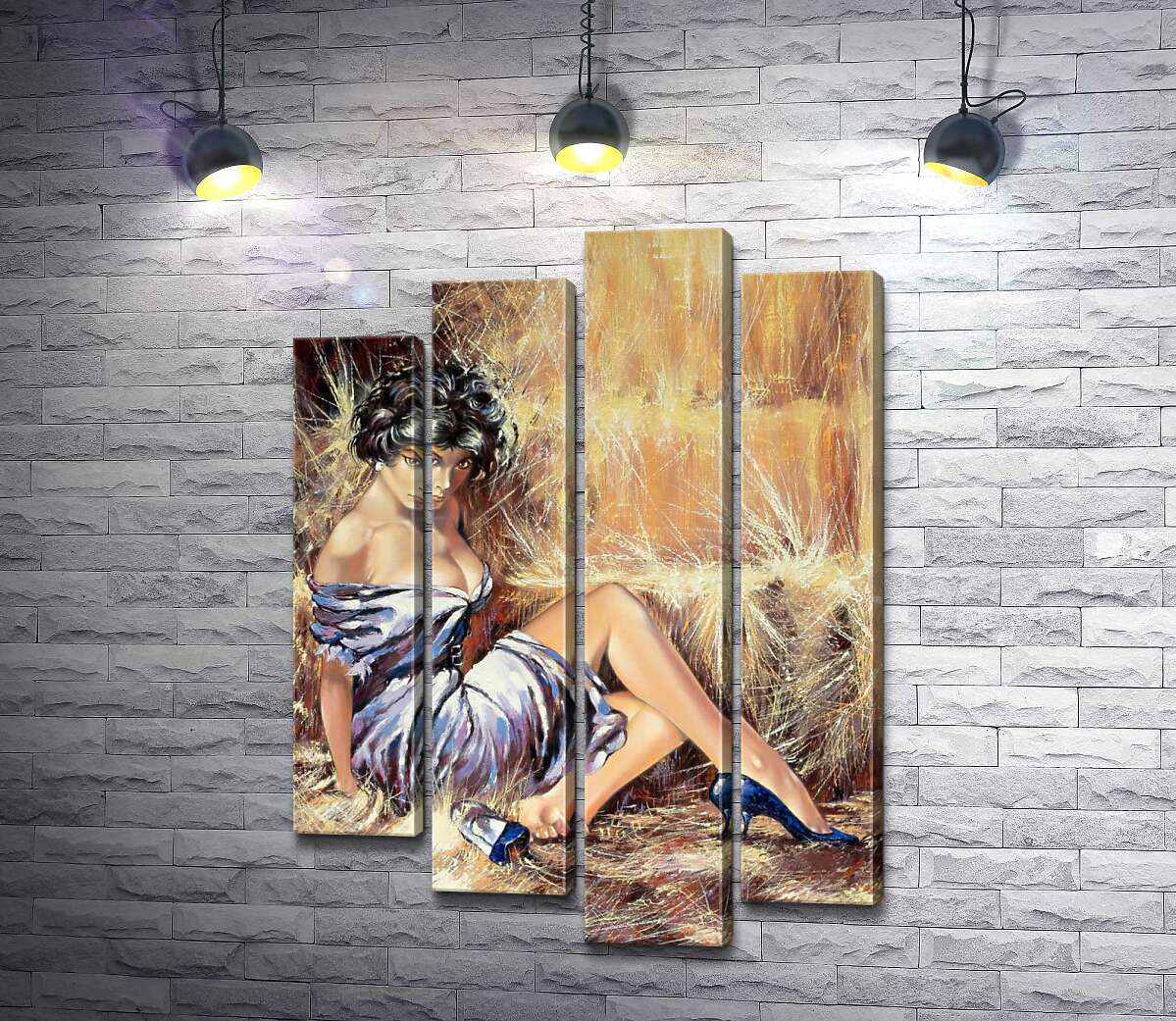 

Модульная картина ArtPoster Брюнетка в соблазнительном платье отдыхает на сене 80x114 см Модуль №21