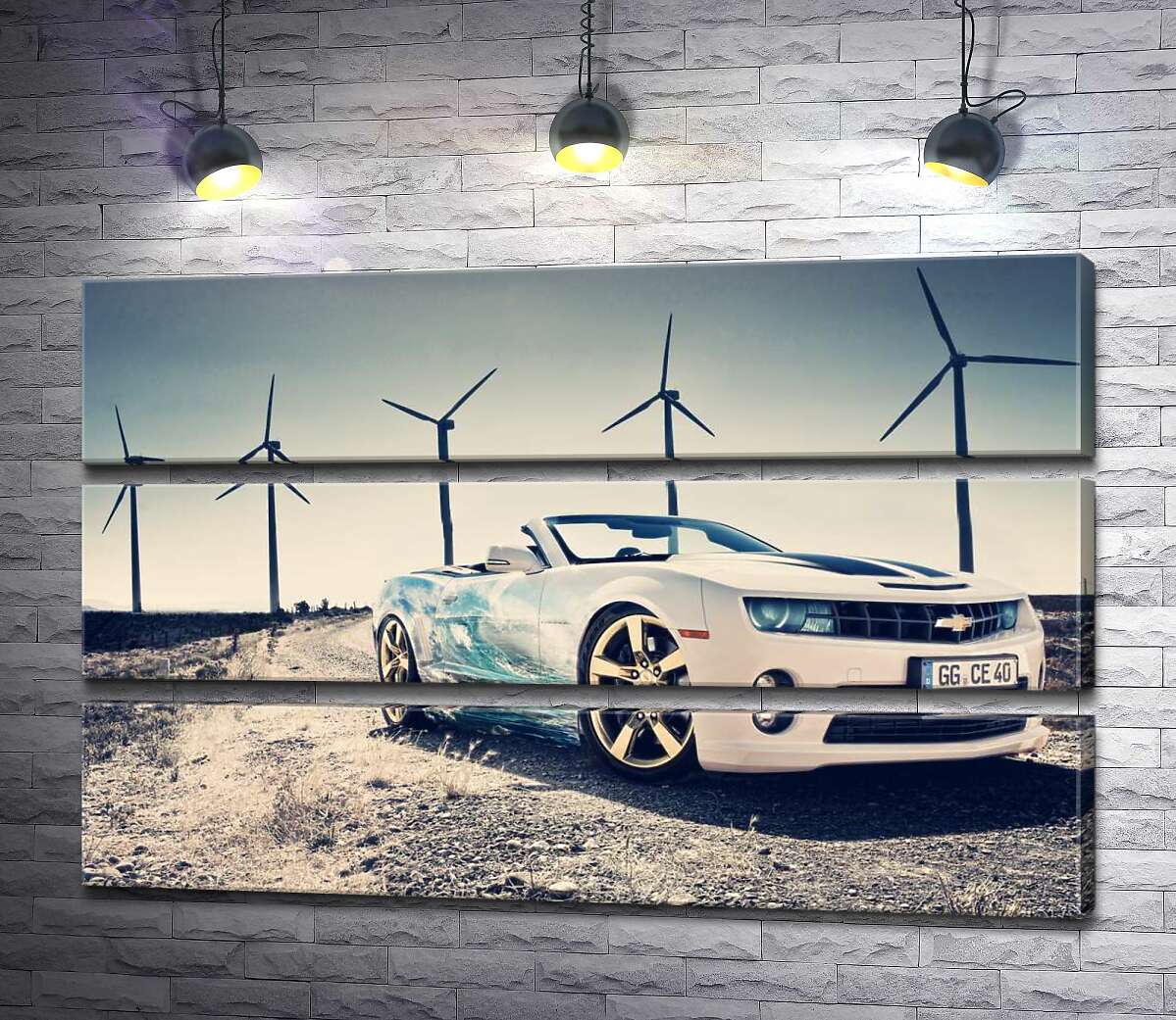 

Модульная картина ArtPoster Белый автомобиль кабриолет Chevrolet Camaro на фоне ветряных электростанций 96x60 см Модуль №13