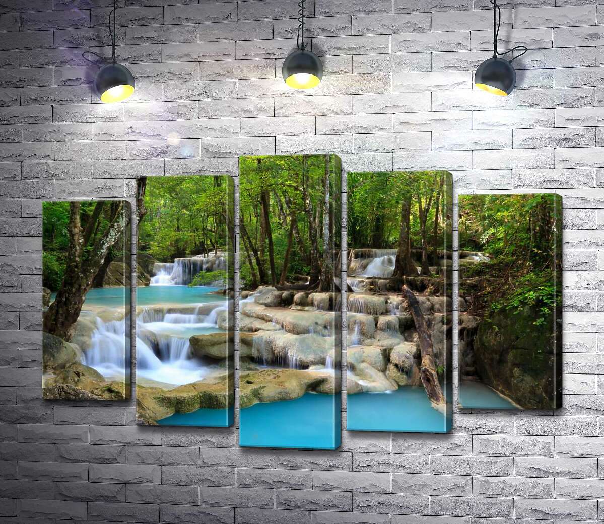 

Модульная картина ArtPoster Бирюза воды плавно льется по скалистым ступеням водопада Эраван (Erawan falls) 100x69 см Модуль №26