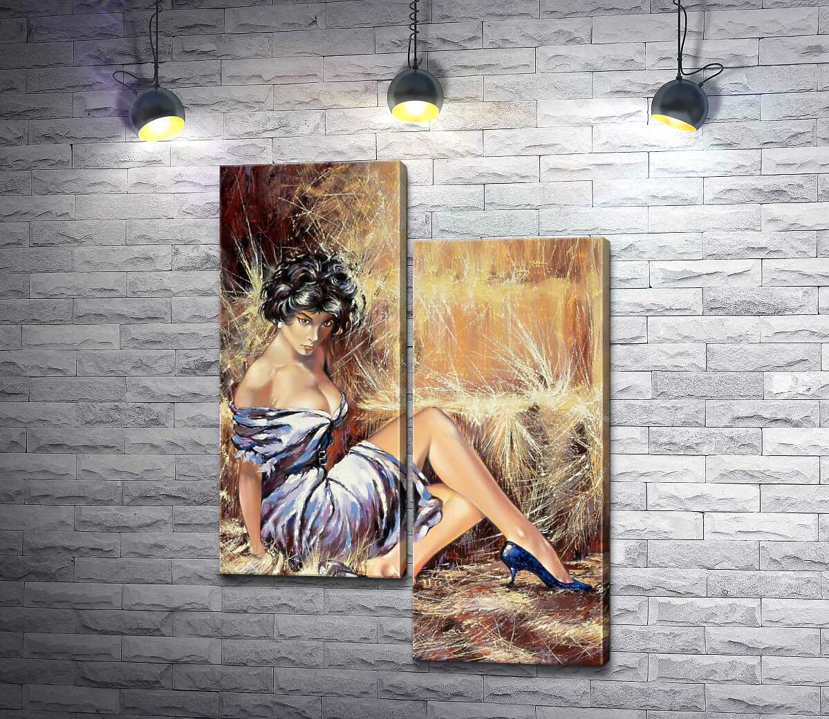 

Модульная картина ArtPoster Брюнетка в соблазнительном платье отдыхает на сене 130x183 см Модуль №5