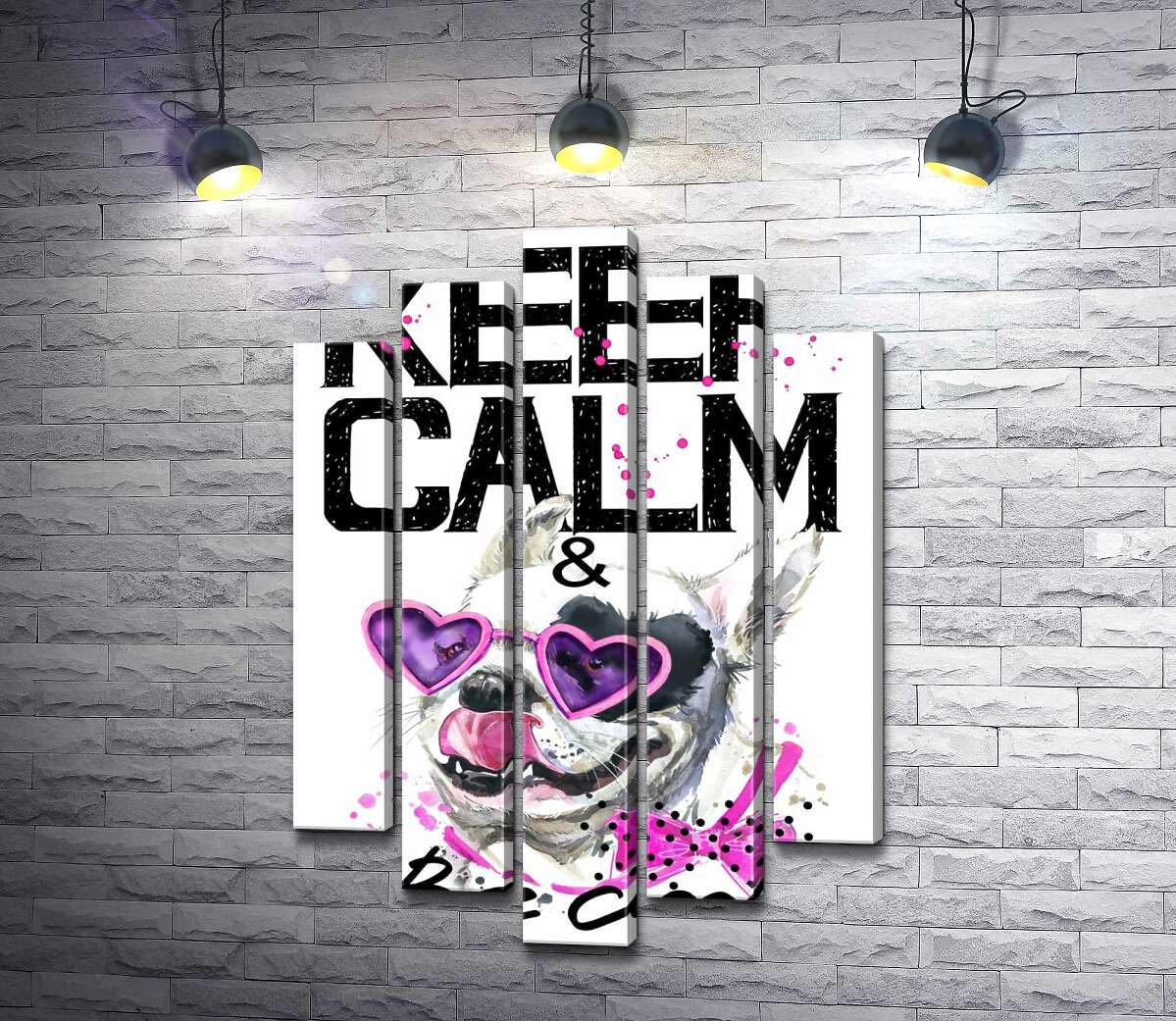 

Модульная картина ArtPoster Веселый бульдог в розовых очках и бантике среди надписи "keep calm and be cool" 130x192 см Модуль №26