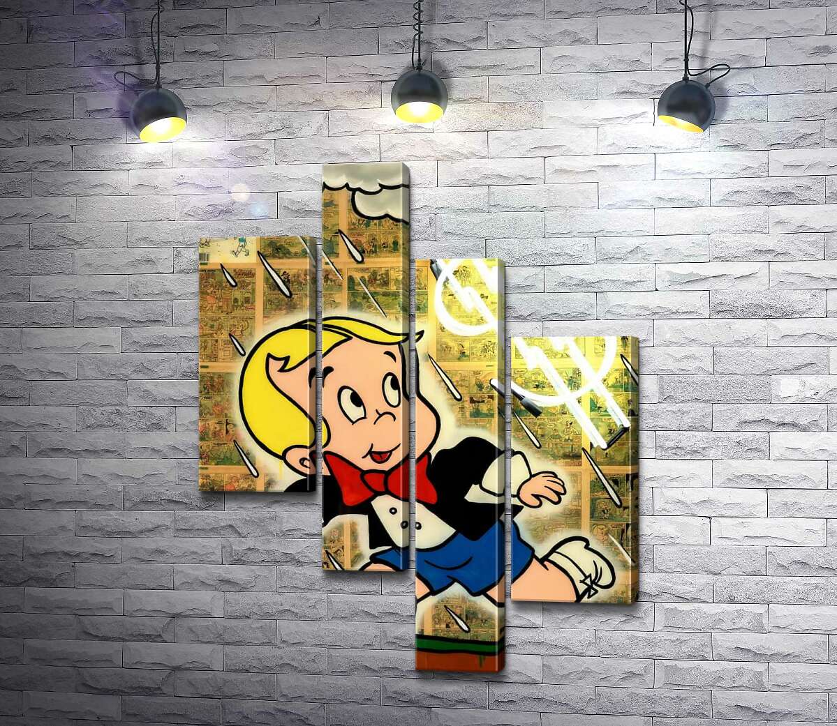 

Модульная картина ArtPoster Богатенький Ричи бежит от дождя (Richie Rich run away from rain) - Алек Монополи (Alec Monopoly) 100x135 см Модуль №20
