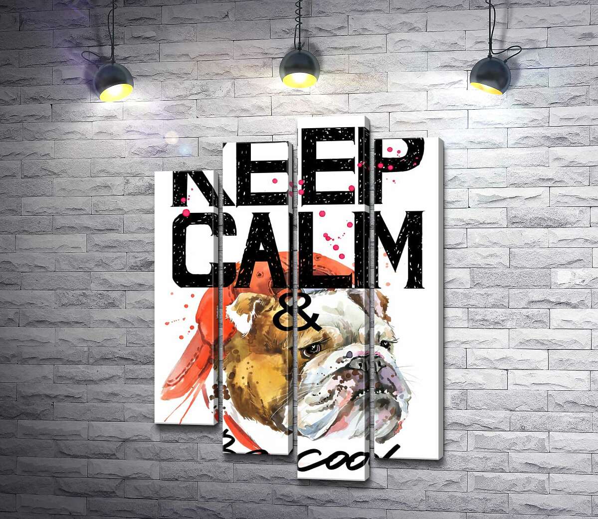 

Модульная картина ArtPoster Бульдог в красной кепке среди надписи "keep calm and be cool" 132x192 см Модуль №21