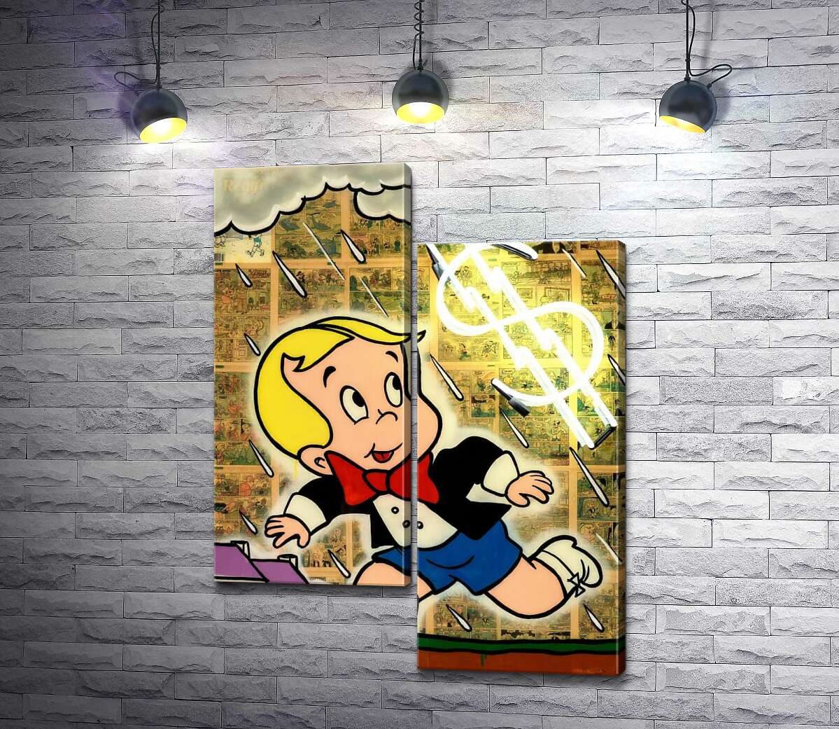 

Модульная картина ArtPoster Богатенький Ричи бежит от дождя (Richie Rich run away from rain) - Алек Монополи (Alec Monopoly) 130x175 см Модуль №5