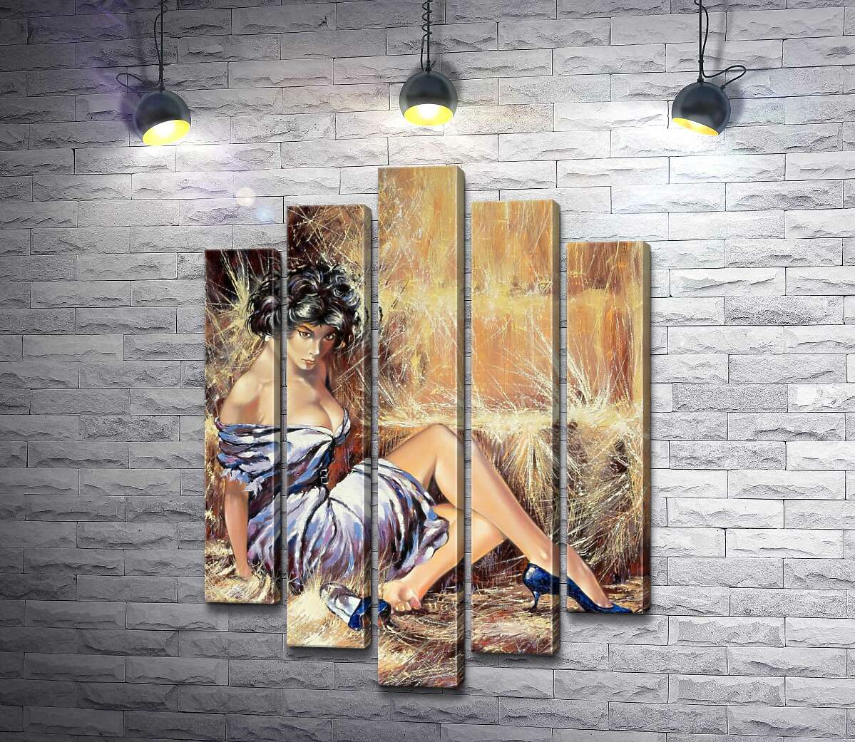 

Модульная картина ArtPoster Брюнетка в соблазнительном платье отдыхает на сене 100x142 см Модуль №26