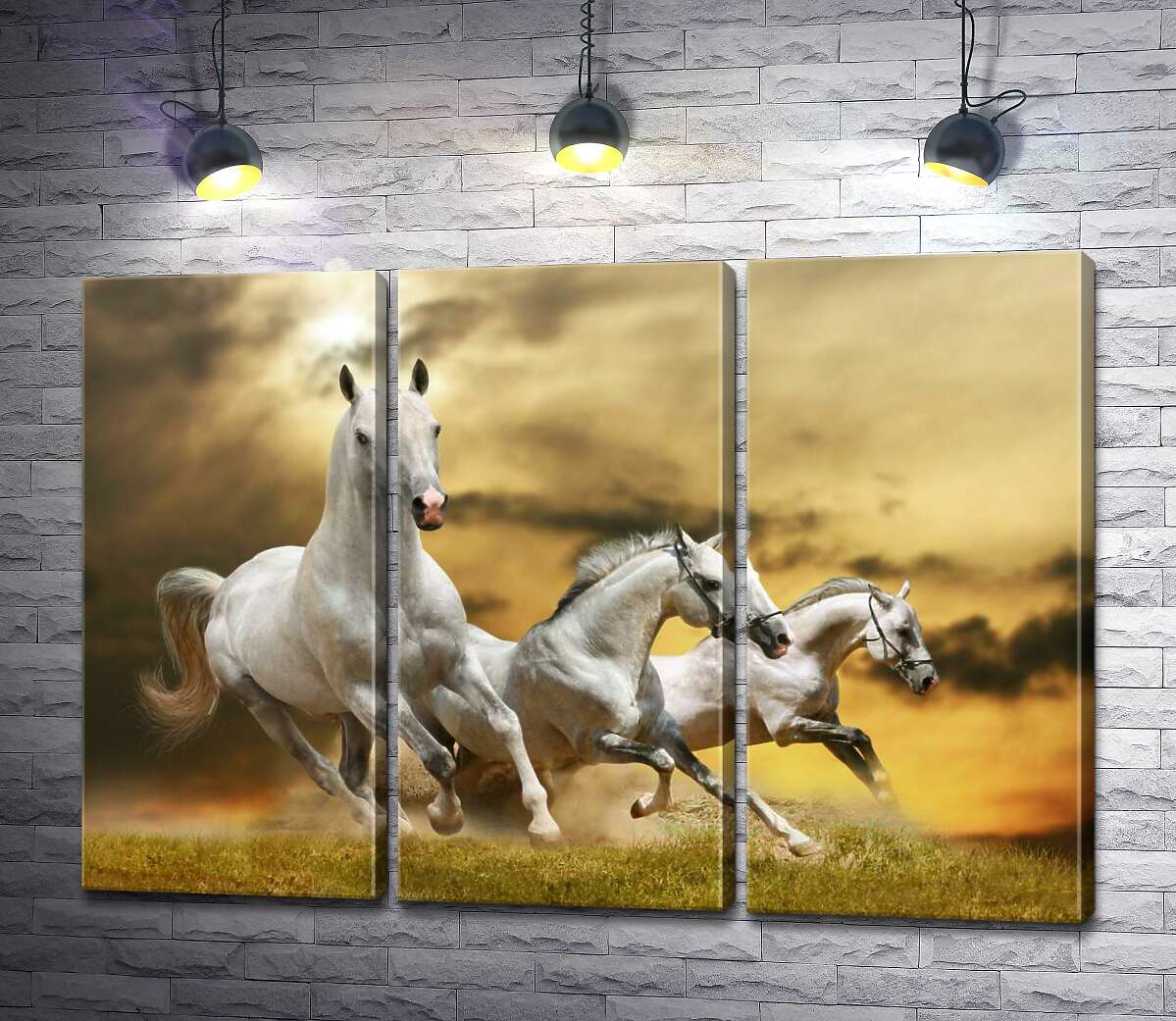 

Модульная картина ArtPoster Быстрый галоп трех белых коней 132x93 см Модуль №11