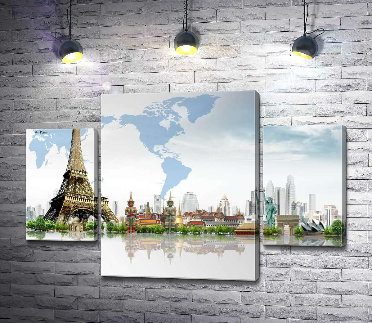 

Модульная картина ArtPoster Вокруг света: Эйфелева башня во главе достопримечательностей 100x68 см Модуль №7