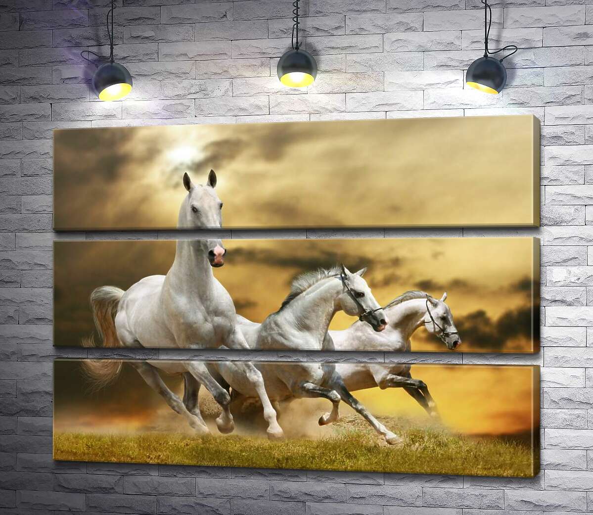 

Модульная картина ArtPoster Быстрый галоп трех белых коней 100x72 см Модуль №13