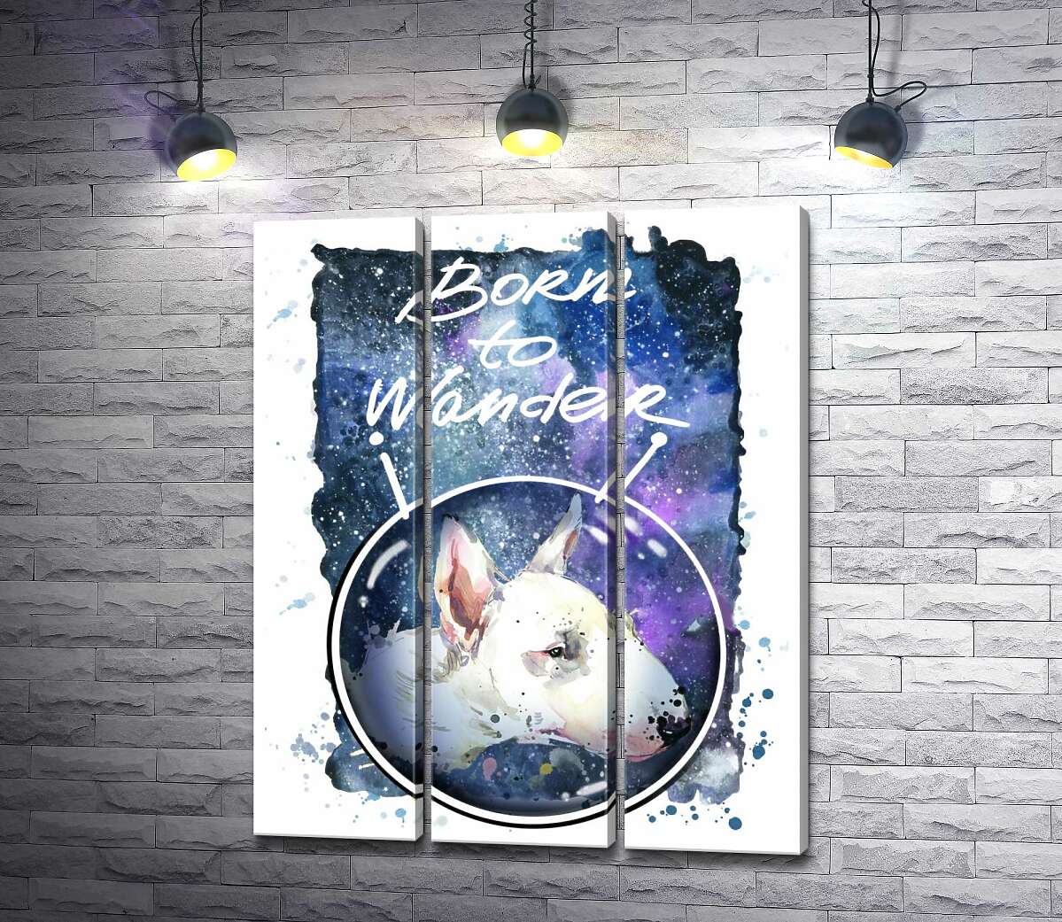 

Модульная картина ArtPoster Белый бультерьер в шлеме космонавта под надписью "born to wander" 132x166 см Модуль №11