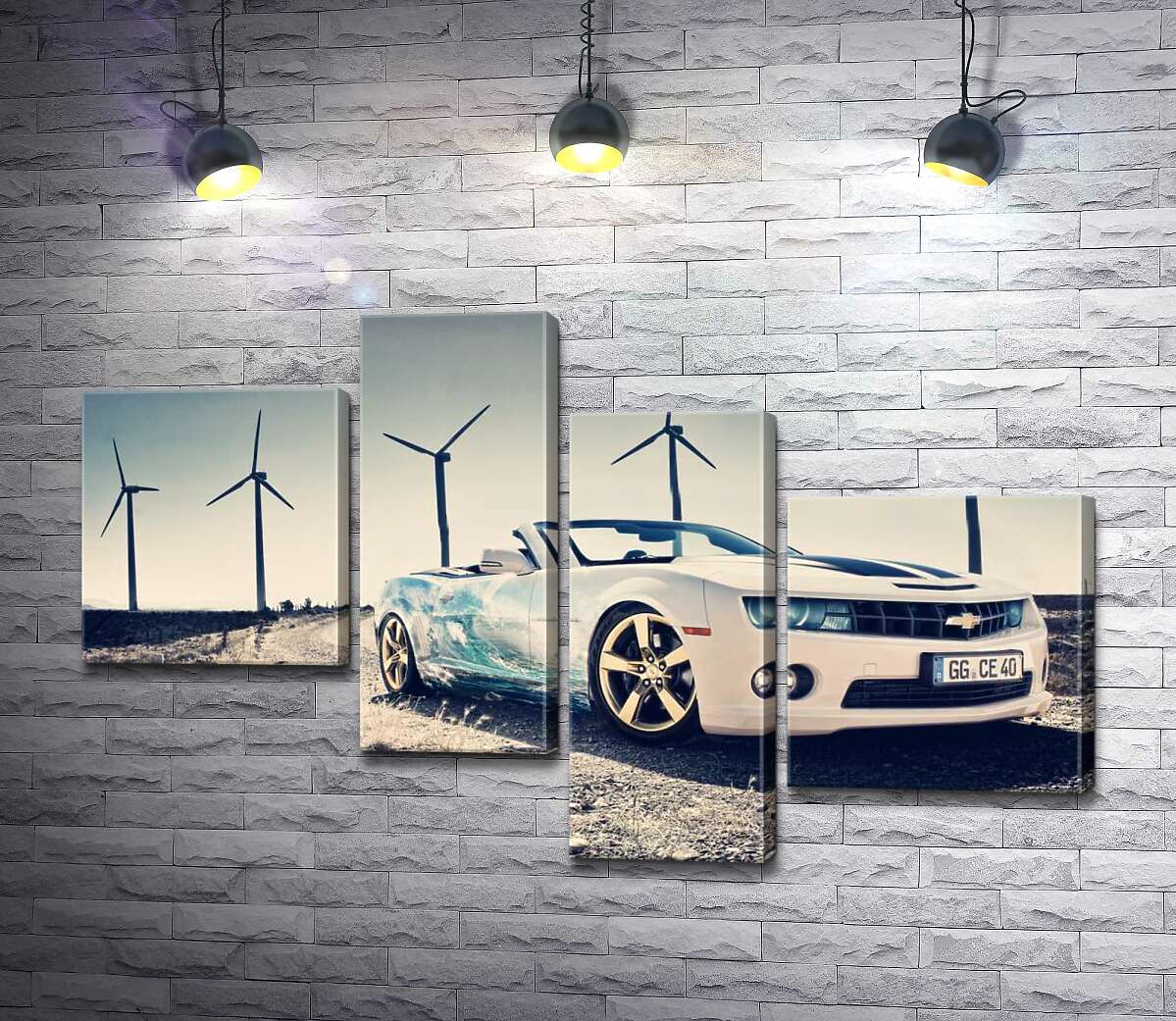 

Модульная картина ArtPoster Белый автомобиль кабриолет Chevrolet Camaro на фоне ветряных электростанций 130x83 см Модуль №20
