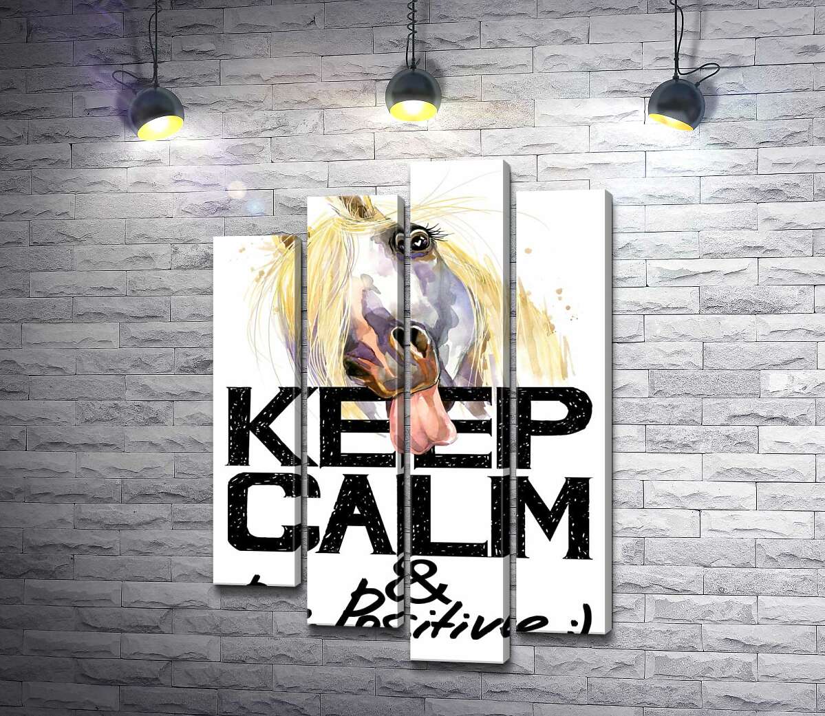 

Модульная картина ArtPoster Белый конь показывает язык над надписью "keep calm and be positive" 80x118 см Модуль №21
