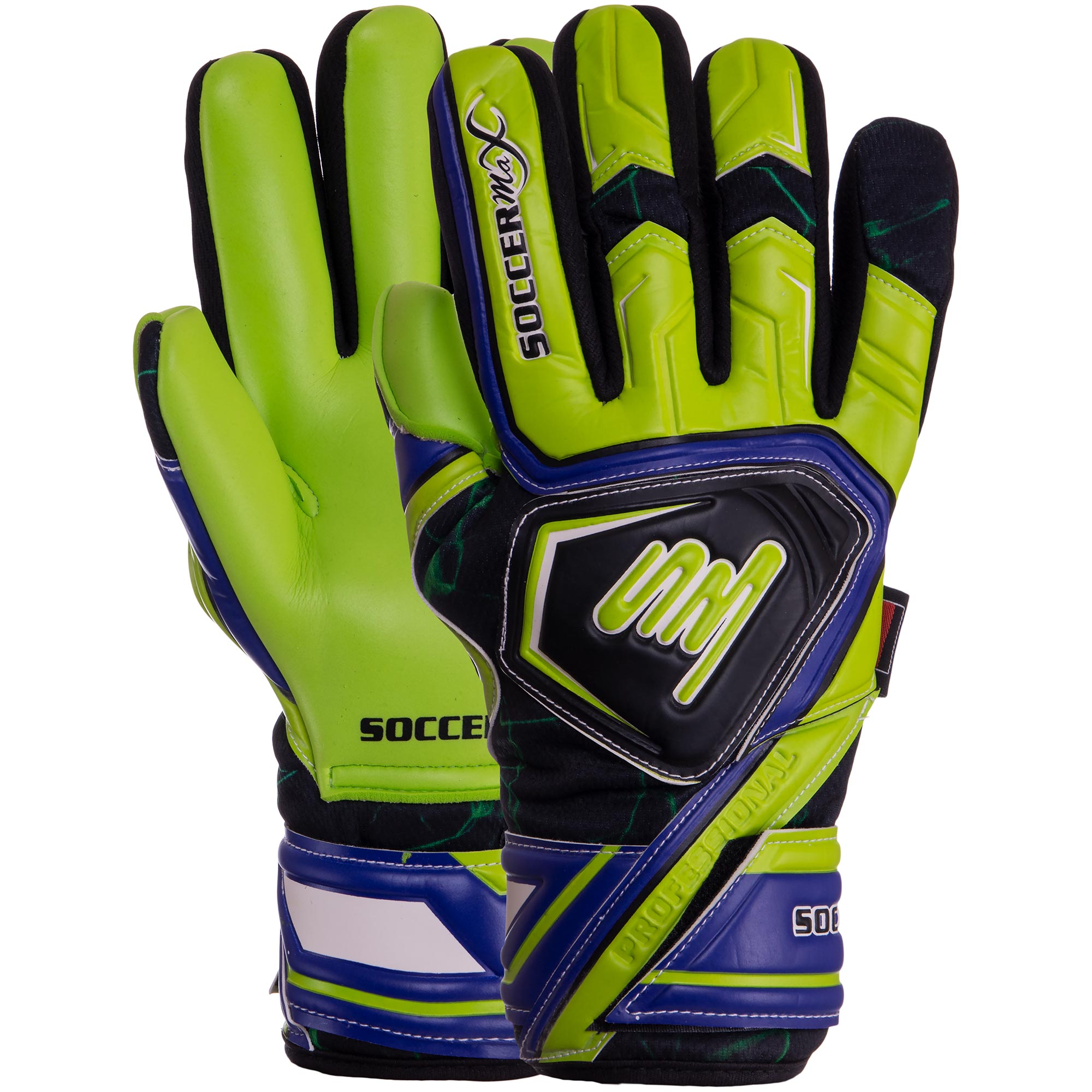 

Перчатки вратарские SOCCERMAX GK-014 салатовый-чёрный-синий размер 10