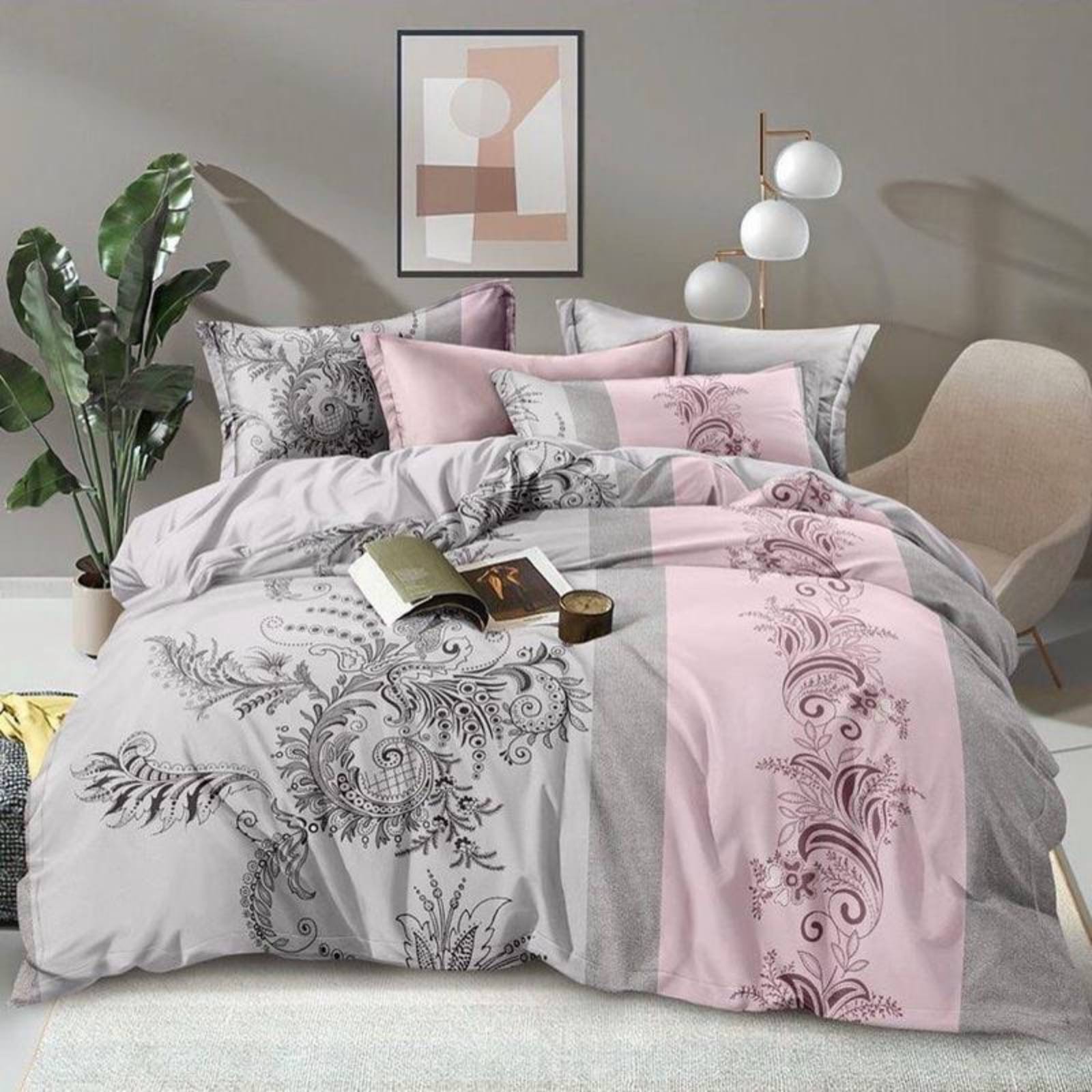 

Комплект постельного белья NSHV Полуторный Бязь Орнамент на сером с розовым поcтільна білизна n_4160p