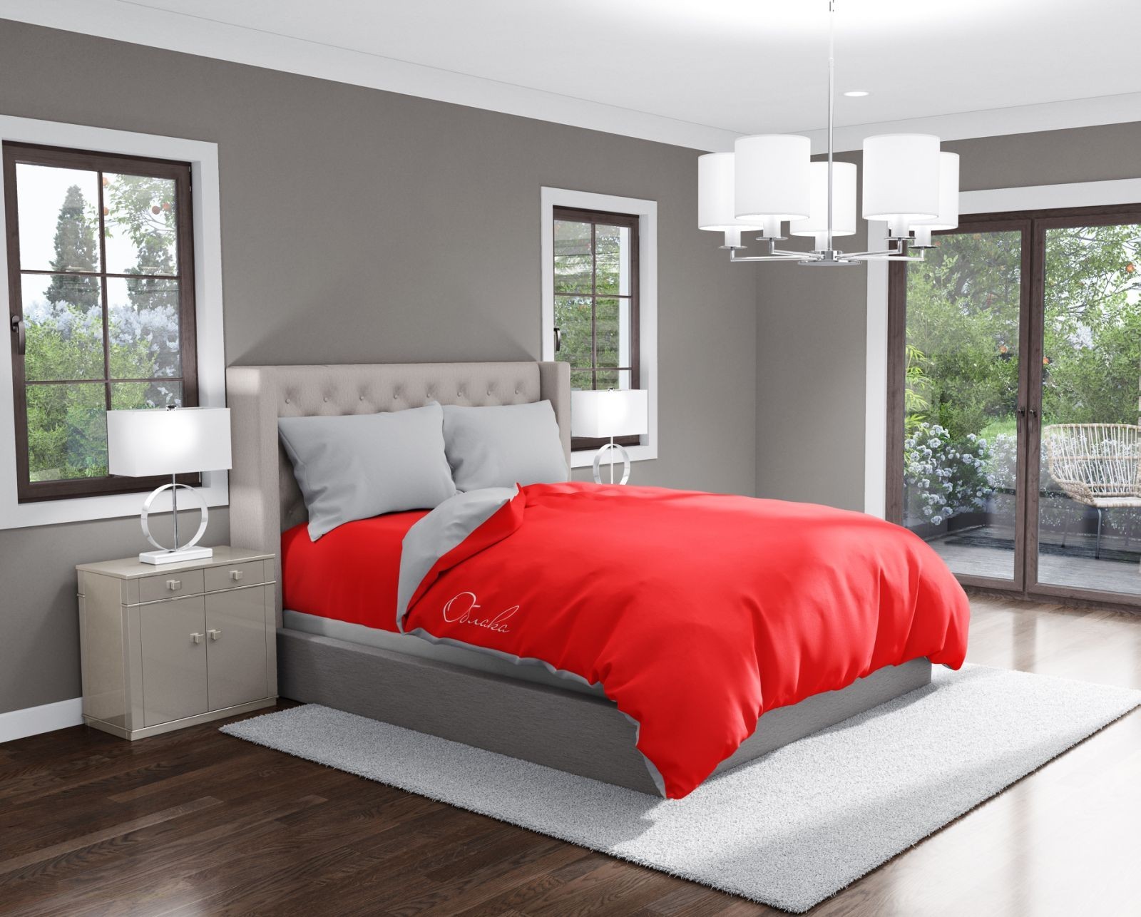 

Комплект постельного белья Облака Бязь Двуспальный Светло Серый с Красным