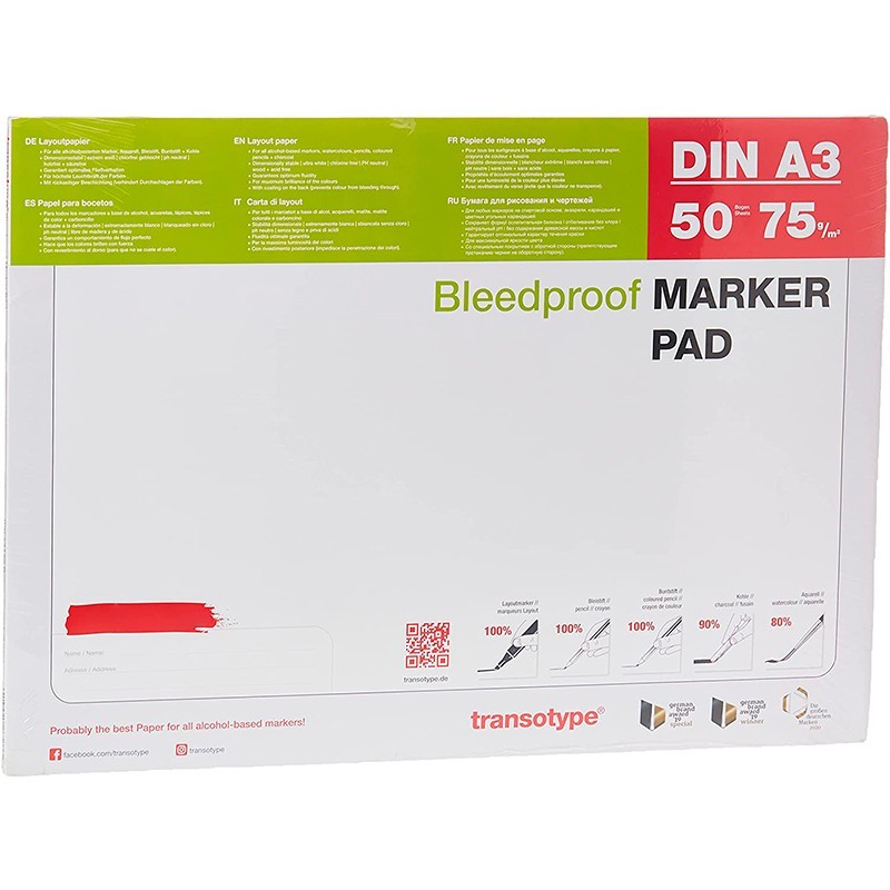 

Альбом (блок) бумаги для маркеров Transotype Bleedproof Marker Pad A3 29,7x42 см, 75г/м2, 50 листов