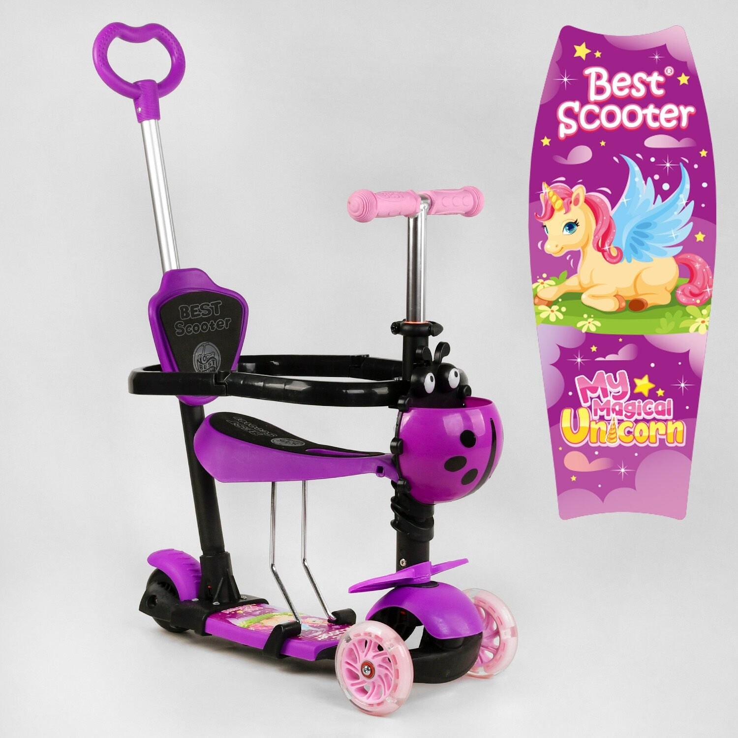 

Детский трехколесный самокат с сидением, родительской ручкой и бампером Best Scooter, свет колес, фиолетовый (58008)