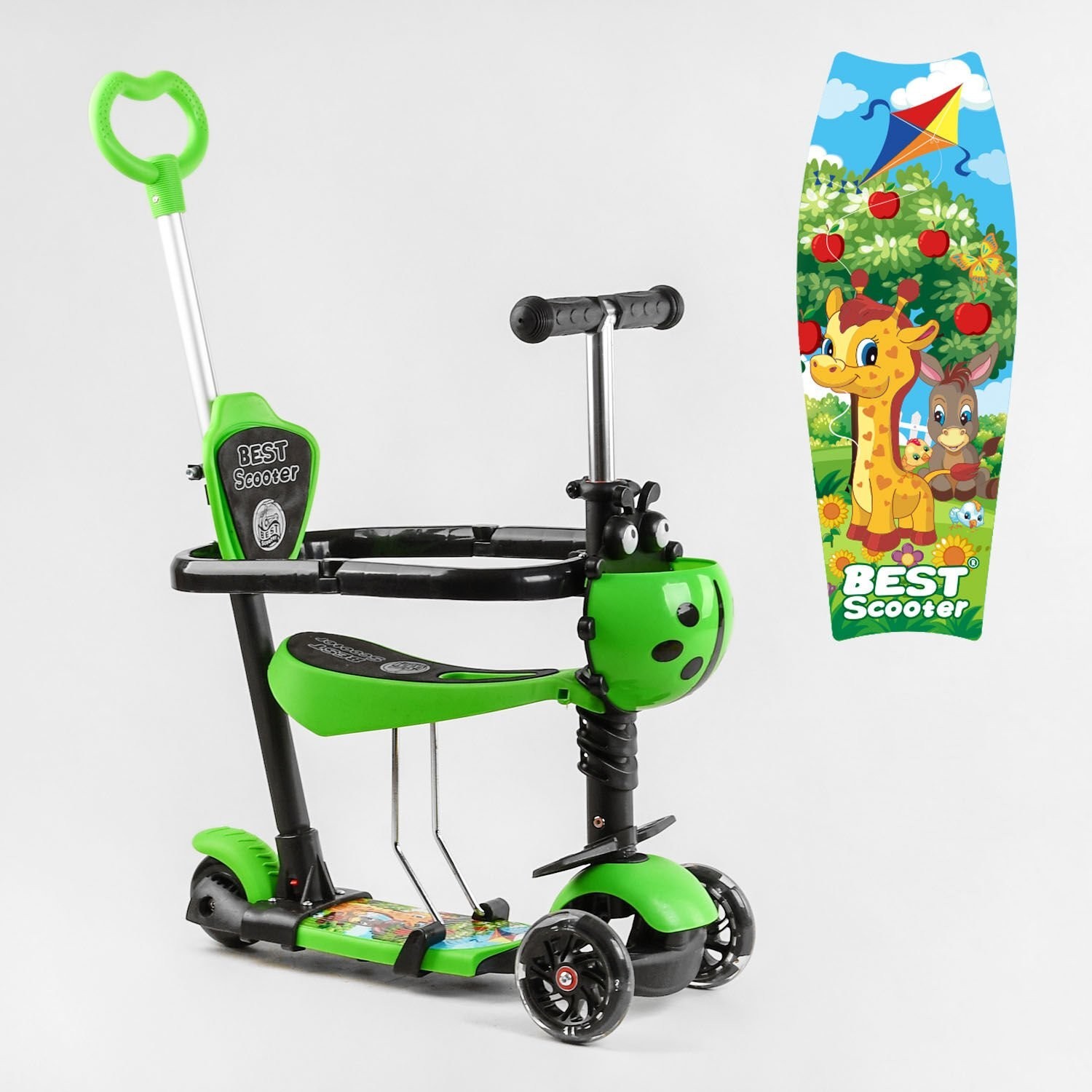 

Детский трехколесный самокат с сидением, родительской ручкой и бампером Best Scooter, свет колес, зеленый (77099)