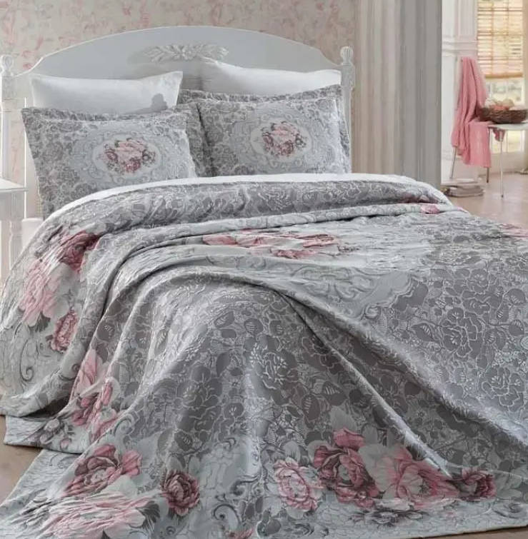 

Винтажное жаккардовое двустороннее покрывало с наволочками Dantela Vita ELITA GRI 260х260см серый
