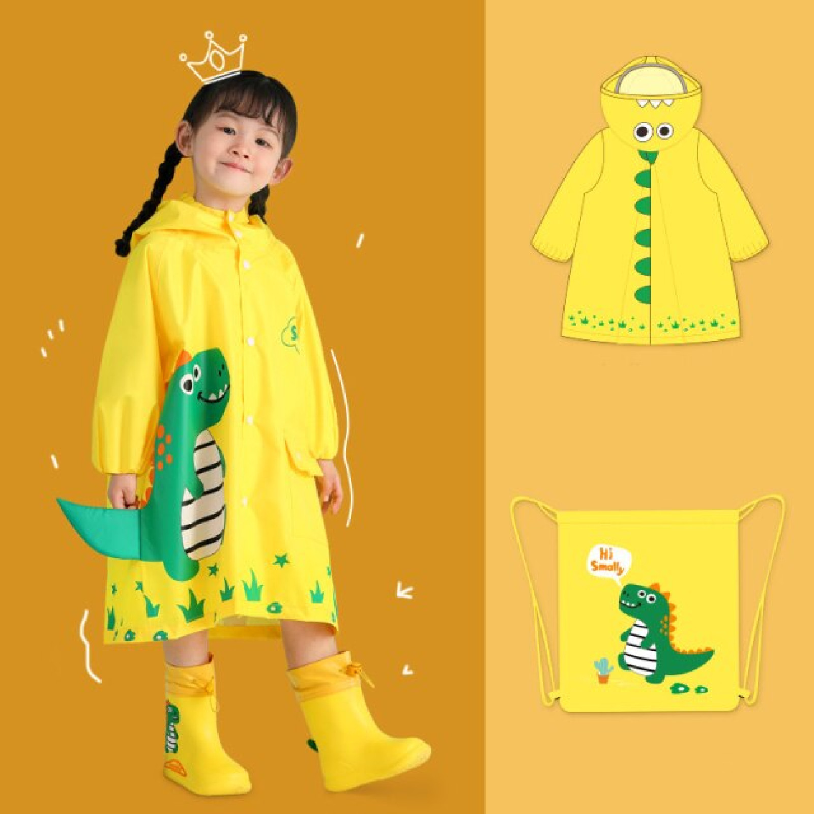 

Дождевик детский с рюкзачком желтый Динозаврик с шипами (DJ26 98см (3 года))