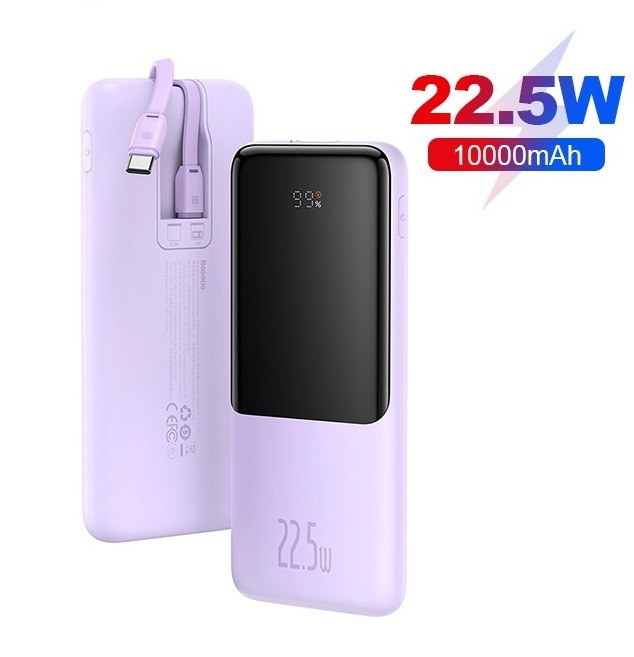 

Павербанк Baseus Elf Digital Display 10000mAh 22.5W/5A Quick Charge для iPhone/Samsung/Xaomi/Huawei с кабелем Type-C/Lightning purple