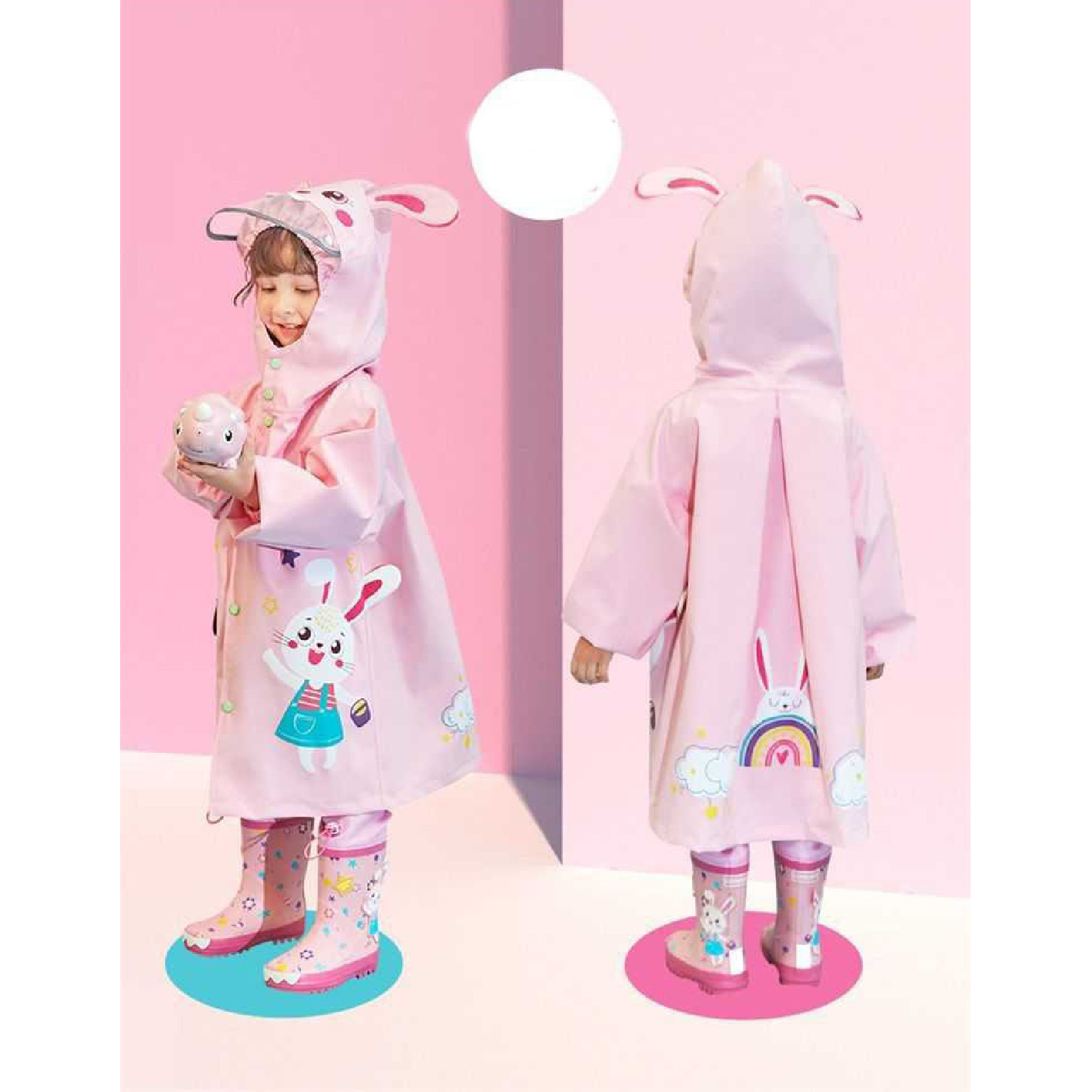 

Дождевик детский с рюкзачком нежно розовый Ушастый зайка (DJ31 110см (5 лет))