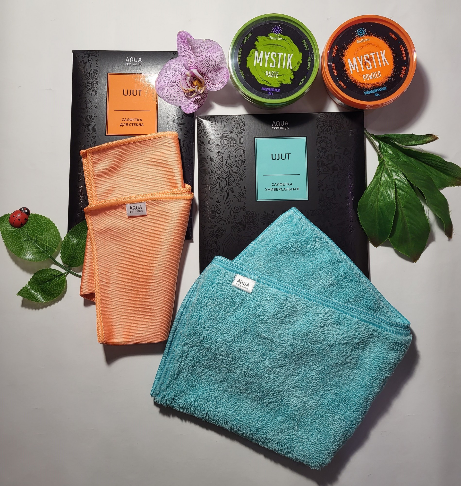 

Набор для ухода за поверхностями кухни: паста и порошок Mystik, салфетка для стекла и универсальная салфетка бирюзовая, Greenway