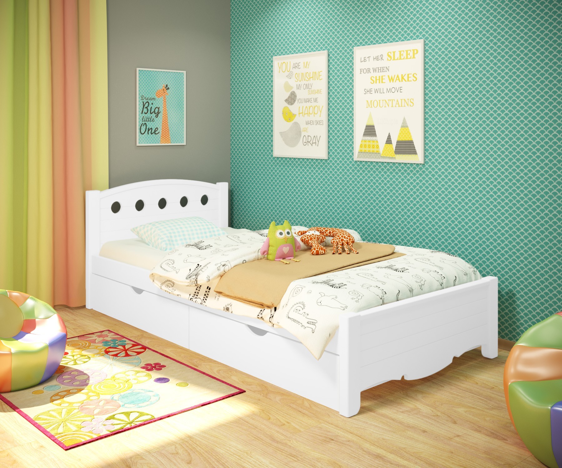 

Кровать односпальная RainbowDream Анри 80х200 см белый массив ольхи, с ящиками