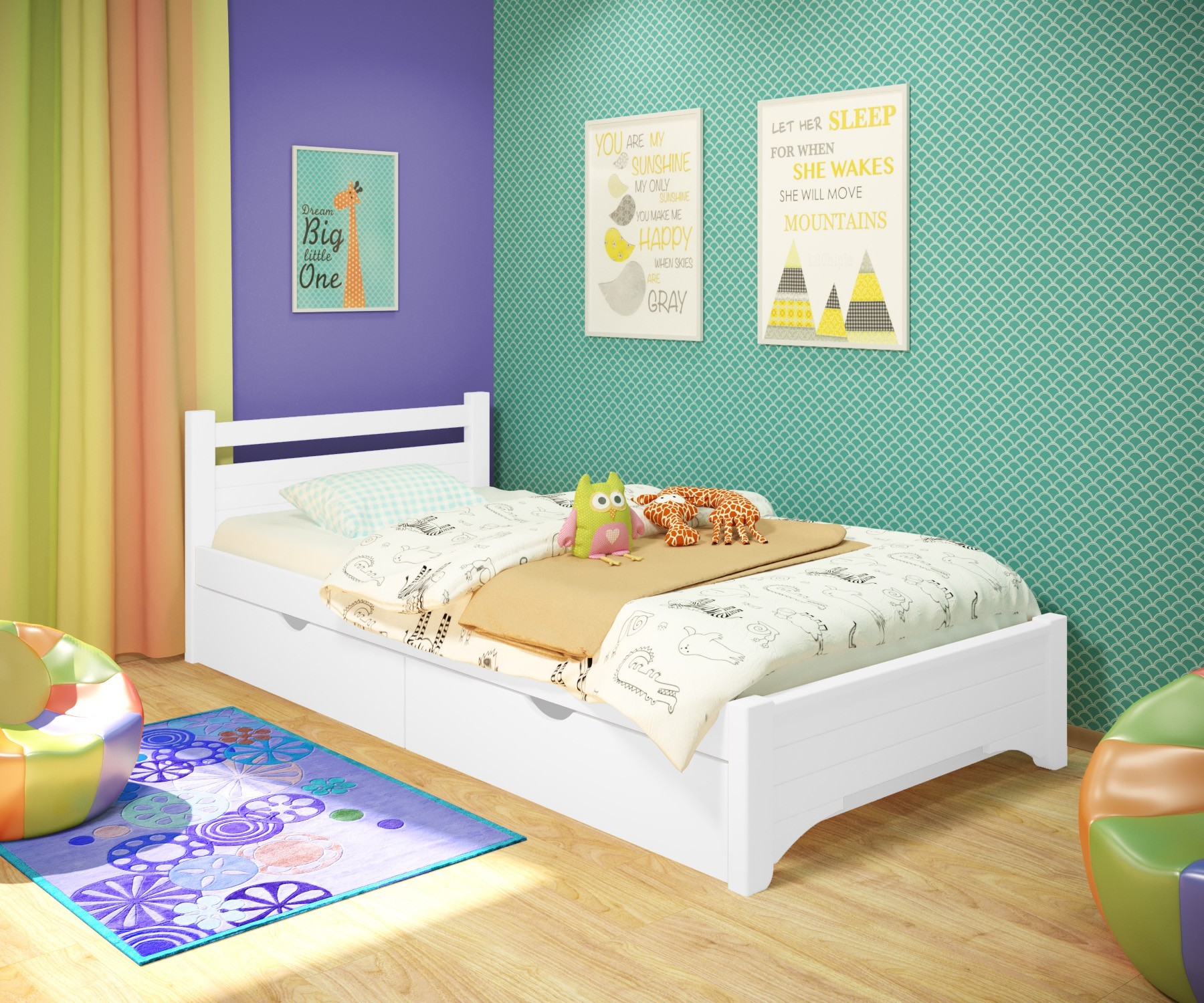 

Кровать односпальная RainbowDream Дюпон 80х190 см белый массив ольхи, с ящиками